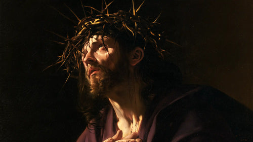 Jesus crowned with thorns in dramatic chiaroscuro in Caravaggio Tenebrism style, landscape Christian artwork no. 14