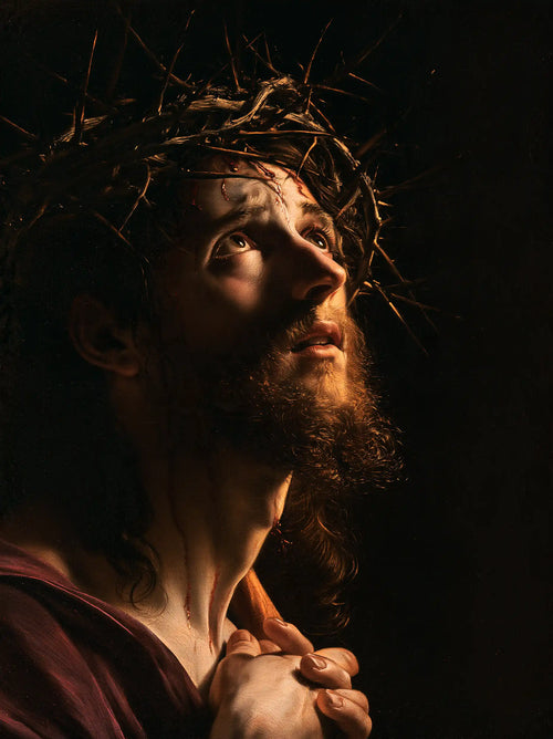 Jesus crowned with thorns in dramatic chiaroscuro in Caravaggio Tenebrism style, portrait Christian artwork no. 9
