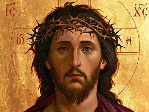 Jesus crowned with thorns in a contemporary Byzantine icon in Contemporary Byzantine style, landscape Christian artwork no. 3
