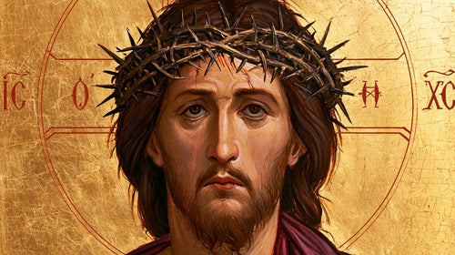 Jesus crowned with thorns in a contemporary Byzantine icon in Contemporary Byzantine style, landscape Christian artwork no. 14