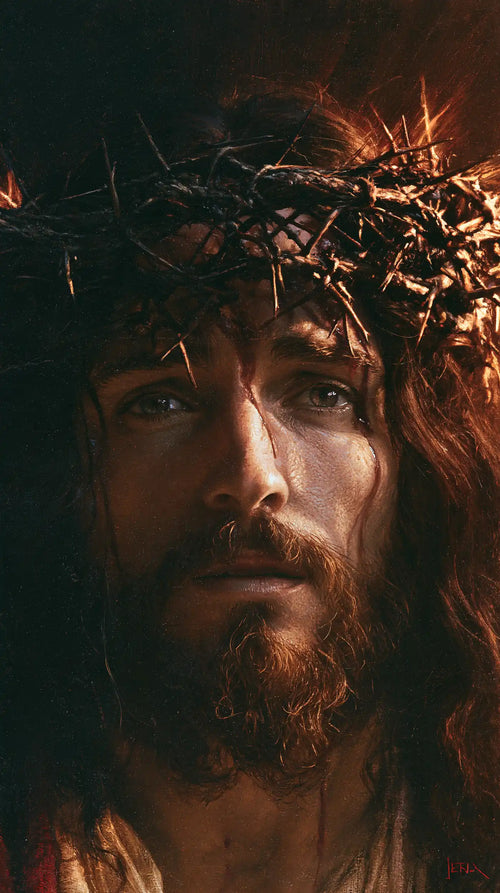 Jesus crowned with thorns as divine light in suffering in Jesus as Divine Light in Suffering style, portrait Christian artwork no. 4