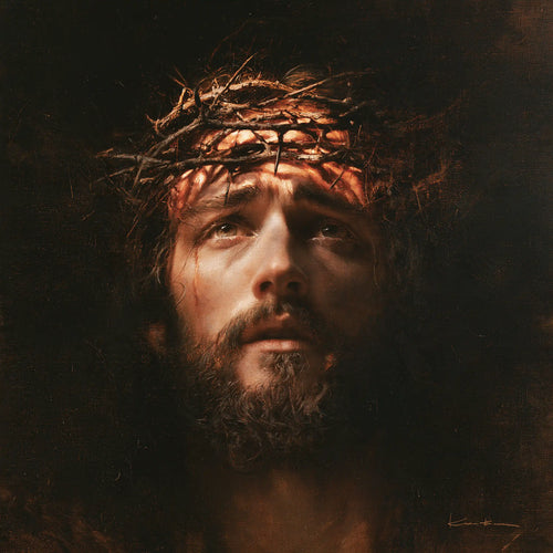 Jesus crowned with thorns as divine light in suffering in Jesus as Divine Light in Suffering style, square Christian artwork no. 2