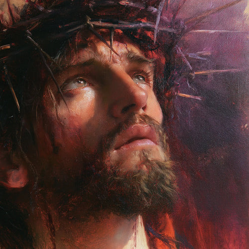 Jesus crowned with thorns with hidden glory in suffering in Hidden Glory in Suffering style, square Christian artwork no. 2