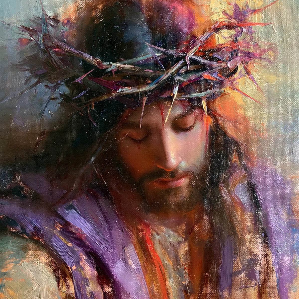 Jesus Crowned with Thorns — Peace beneath Violet Strokes
