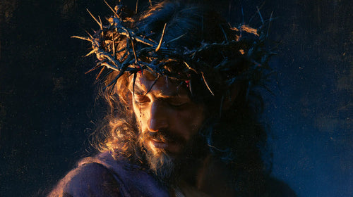 Jesus crowned with thorns in midnight blue chiaroscuro in Midnight Blue Chiaroscuro style, landscape Christian artwork no. 7