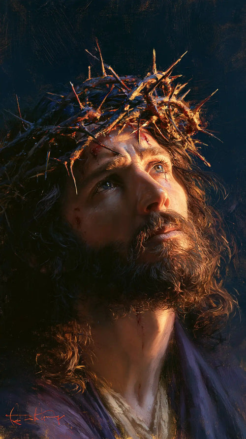 Jesus crowned with thorns in midnight blue chiaroscuro in Midnight Blue Chiaroscuro style, portrait Christian artwork no. 4