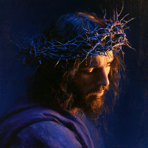 Jesus crowned with thorns in midnight blue chiaroscuro in Midnight Blue Chiaroscuro style, square Christian artwork no. 6
