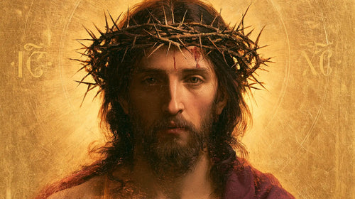 Jesus crowned with thorns in radiant sacred gold in Sacred Gold style, landscape Christian artwork no. 11