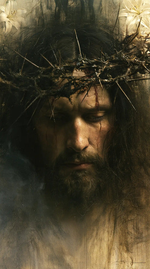 Jesus crowned with thorns in a symbolist composition in Symbolist style, portrait Christian artwork no. 9