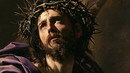 Jesus crowned with thorns in a theatrical Baroque scene in Theatrical Baroque style, landscape Christian artwork no. 11
