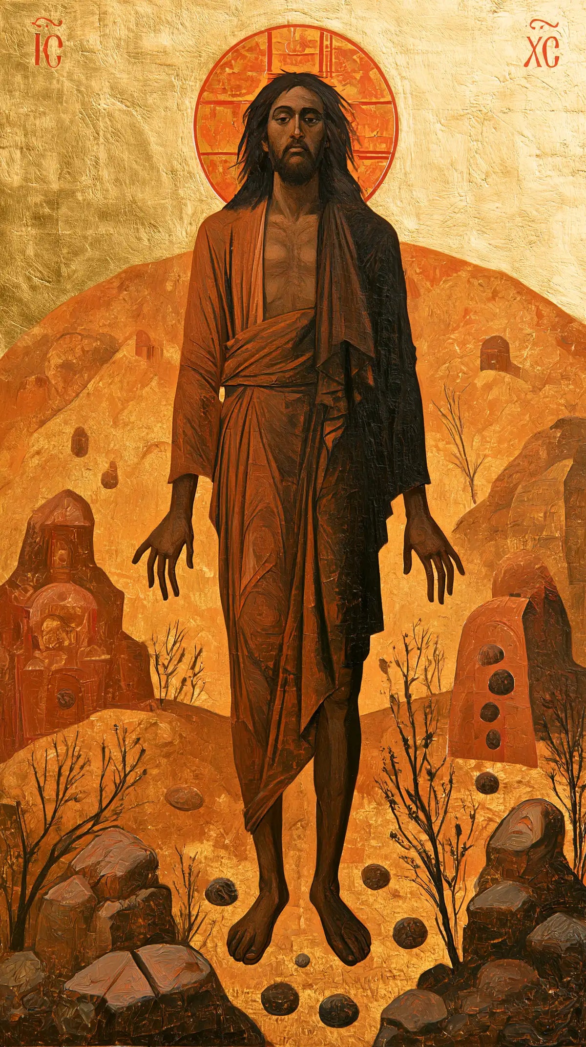 Jesus in the desert during the temptation in Contemporary Byzantine style, portrait Christian artwork no. 25