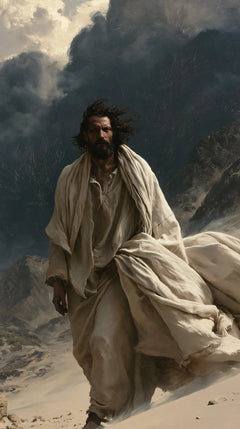 Jesus in the Desert — White Cloth against the Black Mountain