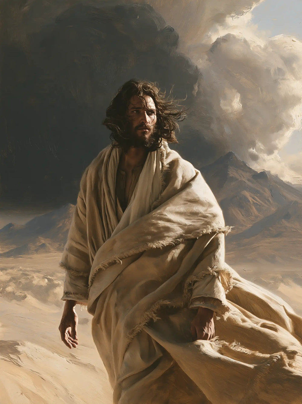 Jesus confronting an inner spiritual struggle in the desert in The Inner Struggle style, portrait Christian artwork no. 32