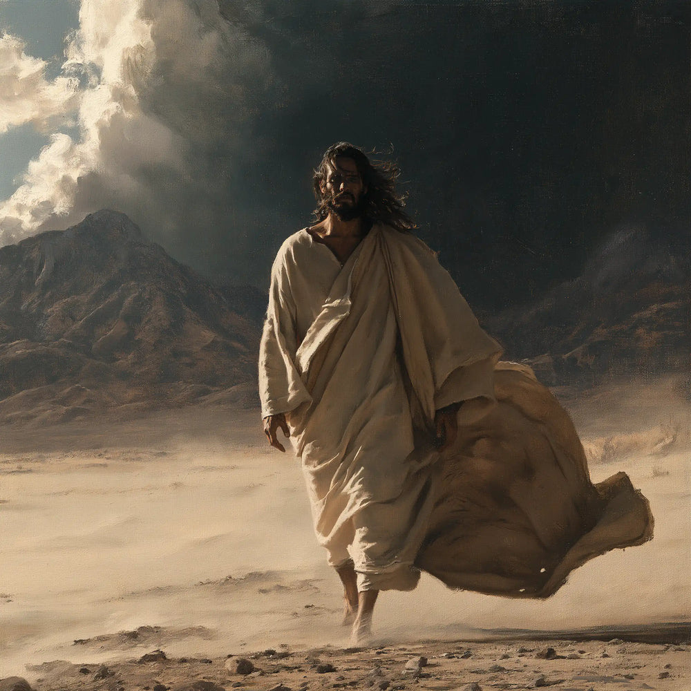 Jesus confronting an inner spiritual struggle in the desert in The Inner Struggle style, square Christian artwork no. 1