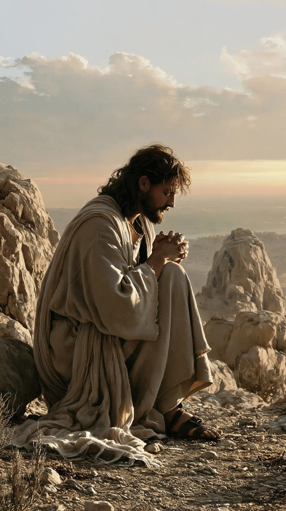 Jesus praying alone in the desert in Jesus in Prayer style, portrait Christian artwork no. 4
