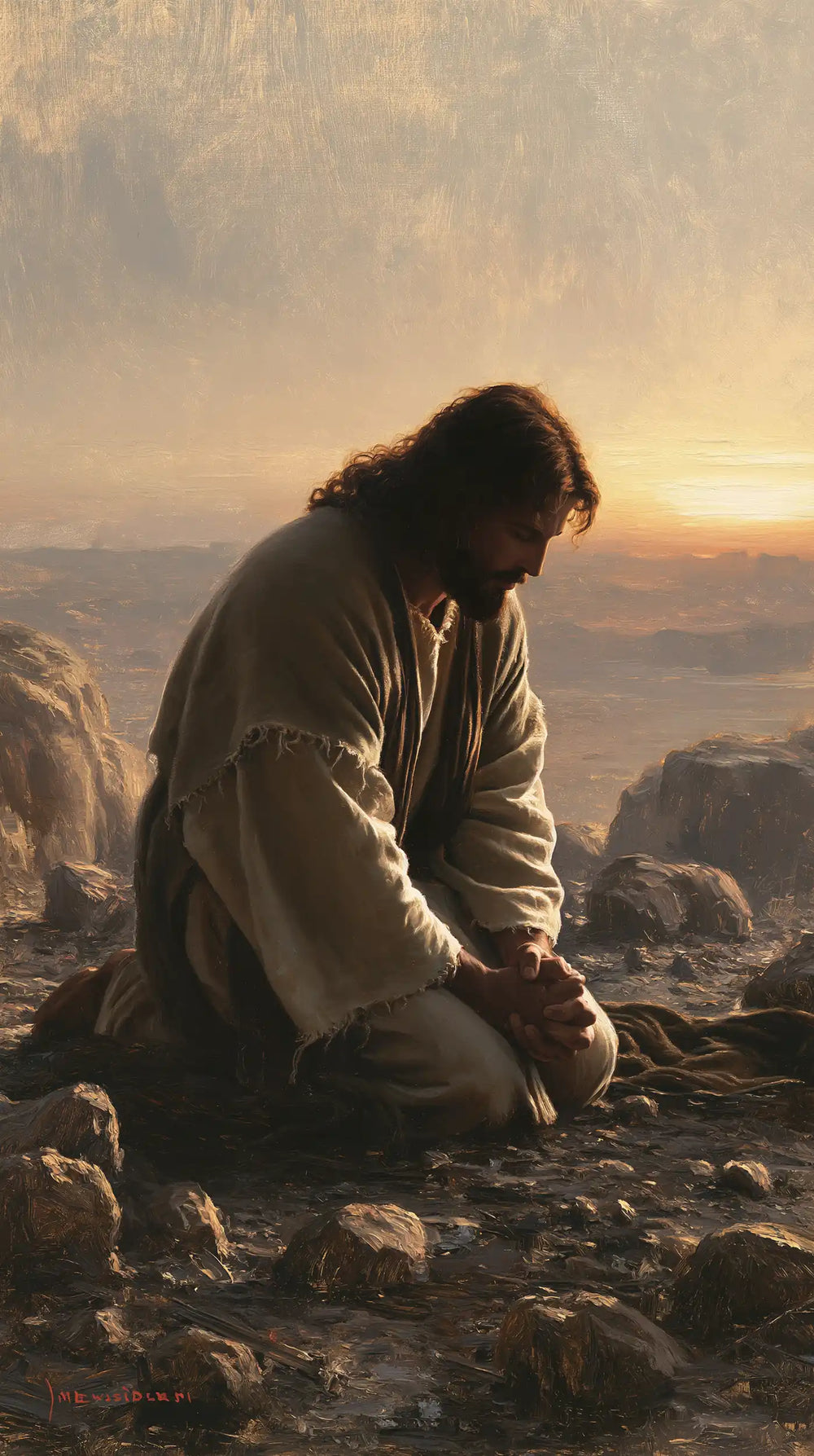 Jesus praying alone in the desert in Jesus in Prayer style, portrait Christian artwork no. 13
