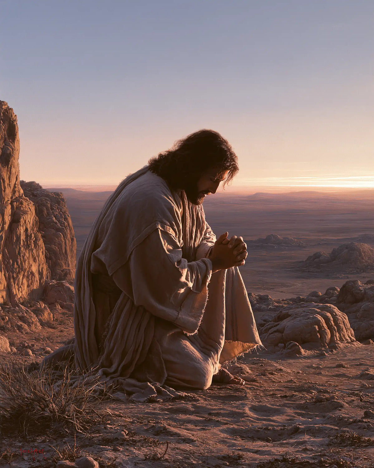 Jesus praying alone in the desert in Jesus in Prayer style, portrait Christian artwork no. 40