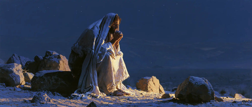 Jesus in the desert during the temptation in Midnight Blue Chiaroscuro style, landscape Christian artwork no. 21