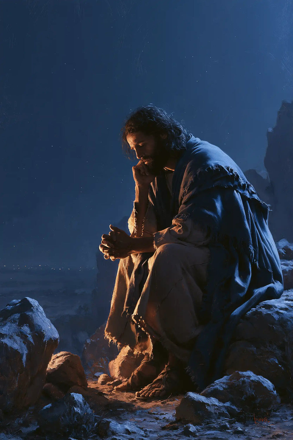 Jesus in the desert during the temptation in Midnight Blue Chiaroscuro style, portrait Christian artwork no. 30