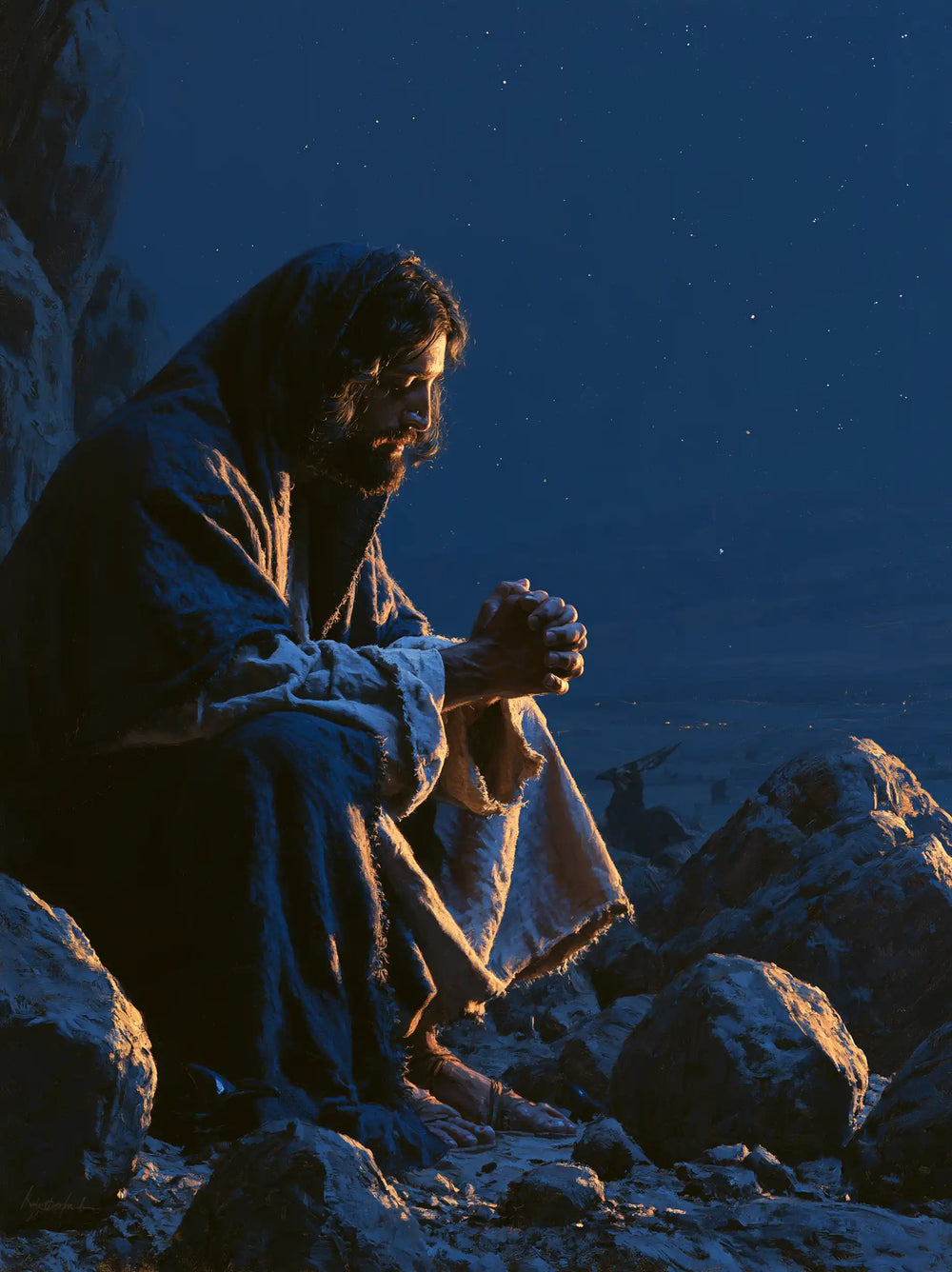 Jesus in the desert during the temptation in Midnight Blue Chiaroscuro style, portrait Christian artwork no. 36