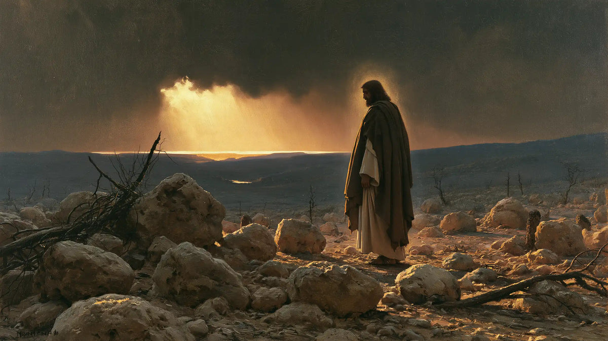 Jesus in the desert during the temptation in Symbolist style, landscape Christian artwork no. 20