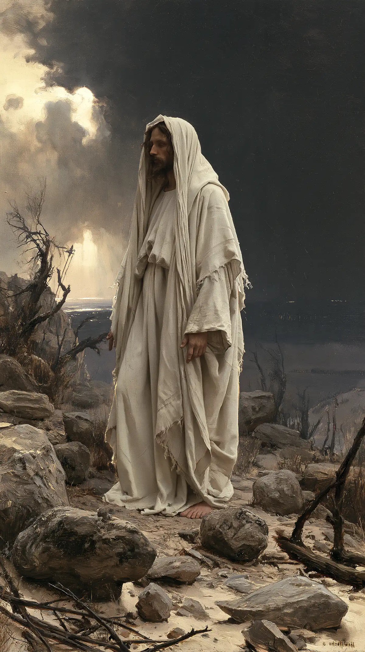 Jesus in the desert during the temptation in Symbolist style, portrait Christian artwork no. 20