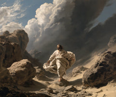 Jesus in the Desert — The White Traveller beneath the Tall Grey Wave