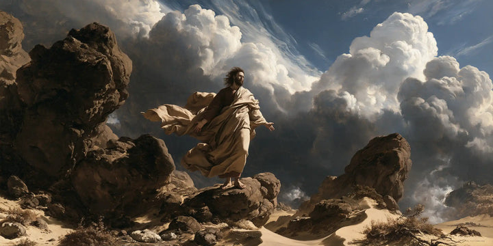 Jesus in the Desert — Peaceful Arms before the Monumental Clouds