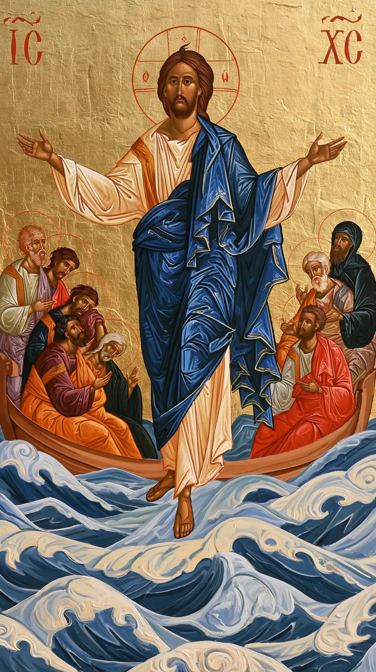 Jesus walking on water in Contemporary Byzantine style, portrait Christian artwork no. 5