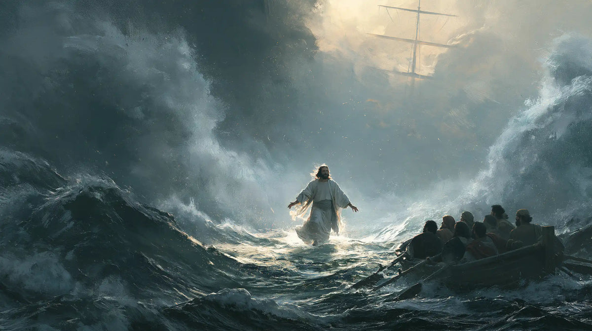 Jesus walking on water in Explosion of Movement style, landscape Christian artwork no. 13
