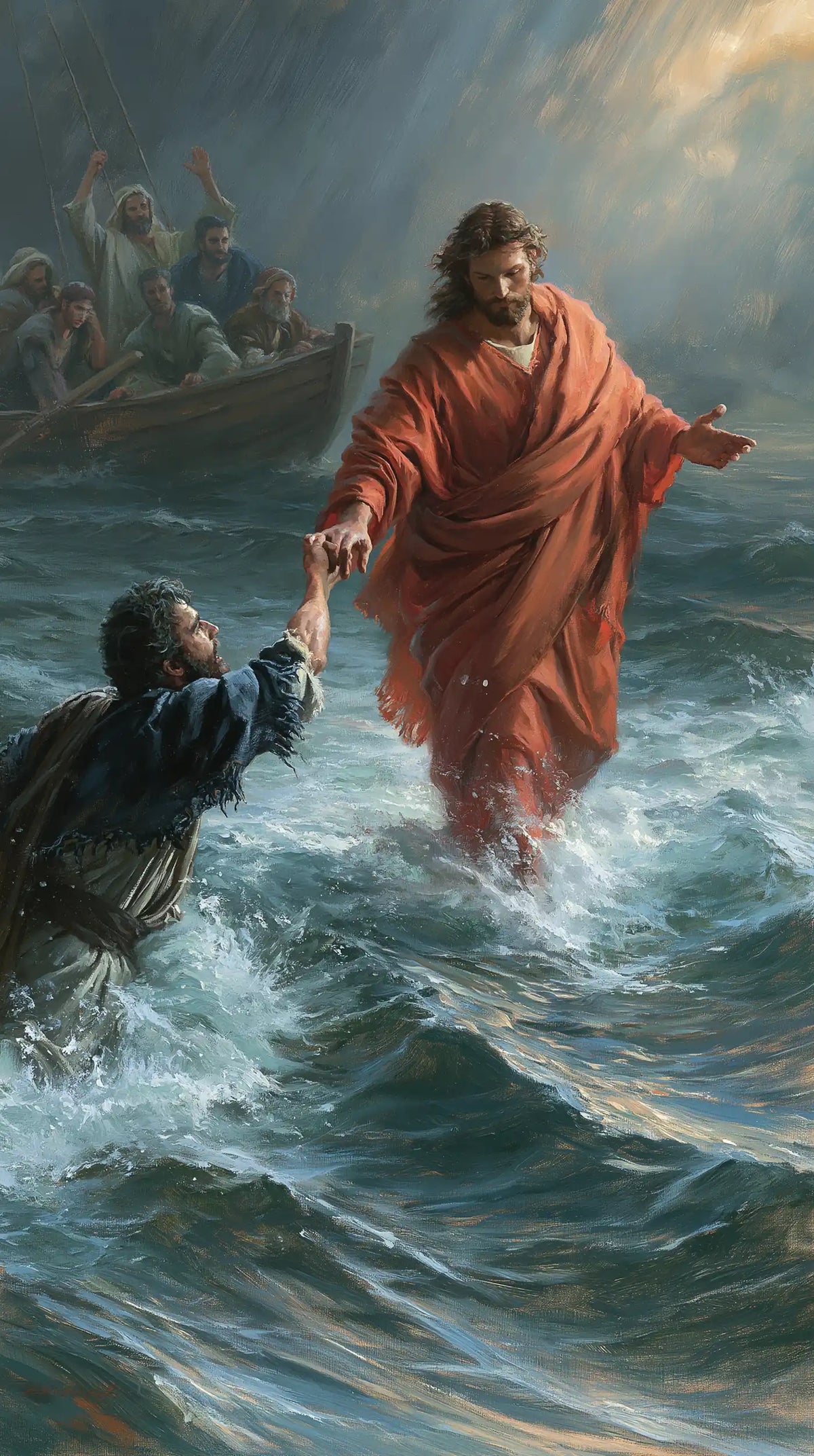 Jesus walking on water and saving Peter in Jesus Saves Peter style, portrait Christian artwork no. 13