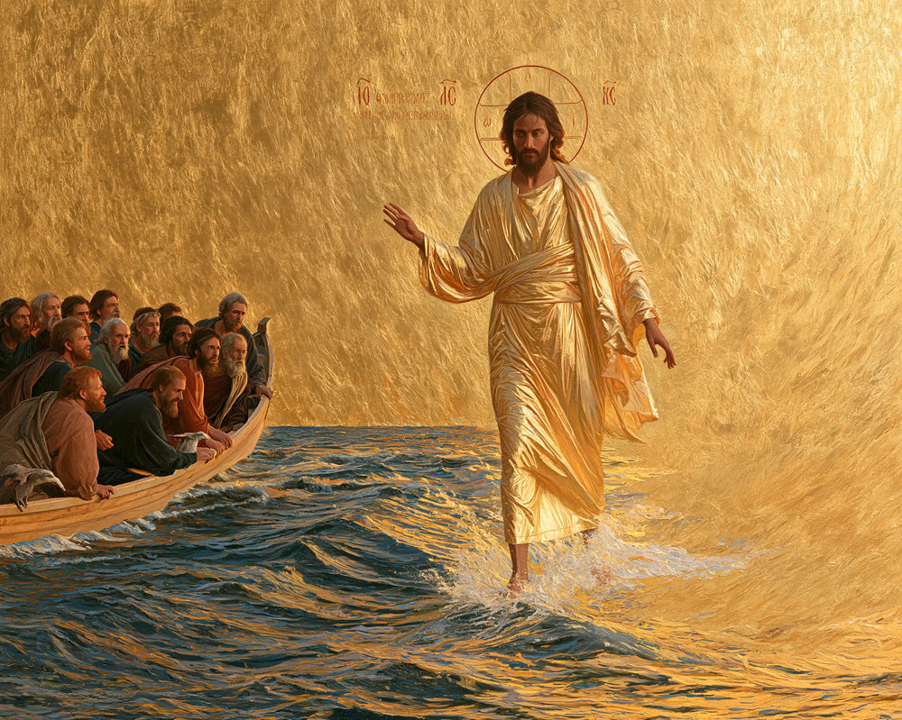 Jesus walking on water in Sacred Gold style, landscape Christian artwork no. 14