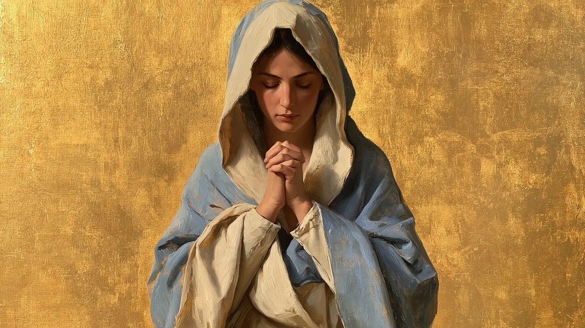 Virgin Mary in Prayer — The Pale Veil in Amber Light