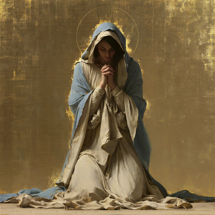 Virgin Mary in Prayer — The Veil Edged with Sparks