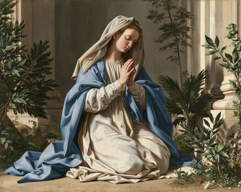 the Virgin Mary in prayer in Florentine Renaissance style, landscape Christian artwork no. 8