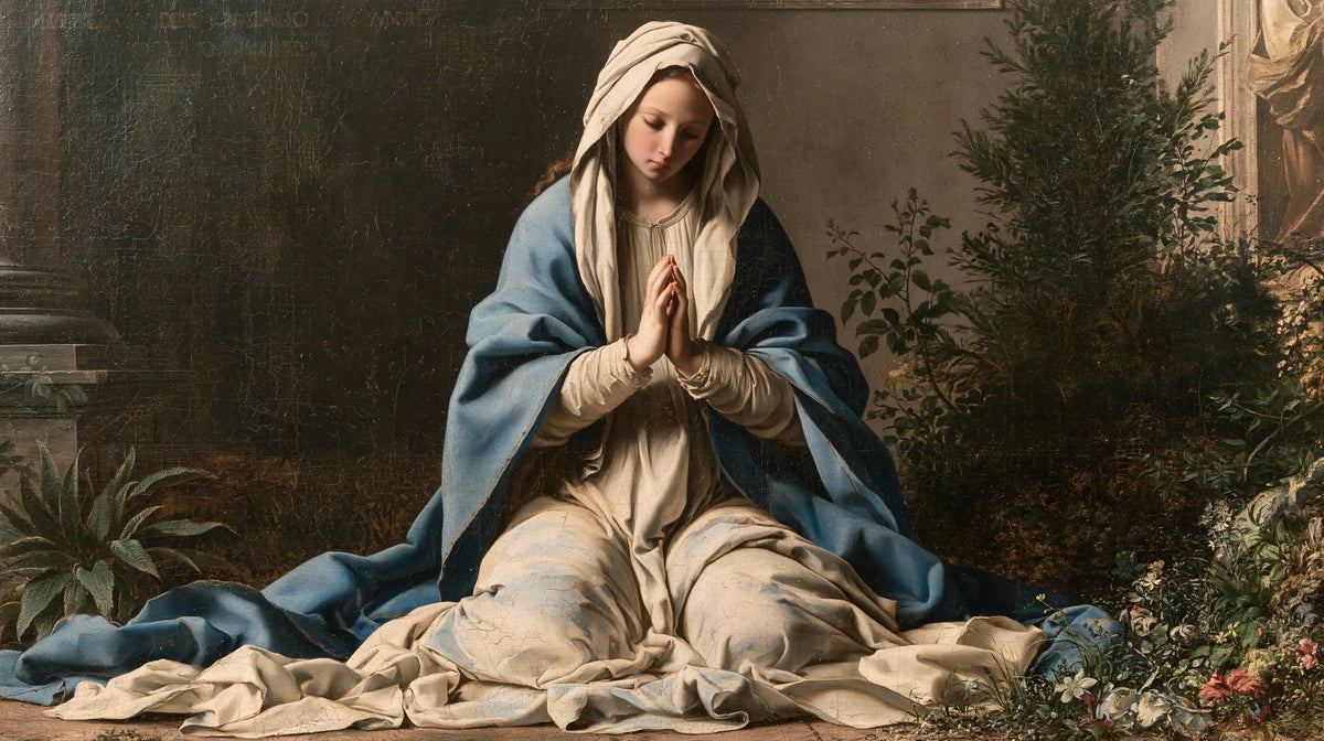 Virgin Mary in Prayer — The Serenity of the Flowering Garden