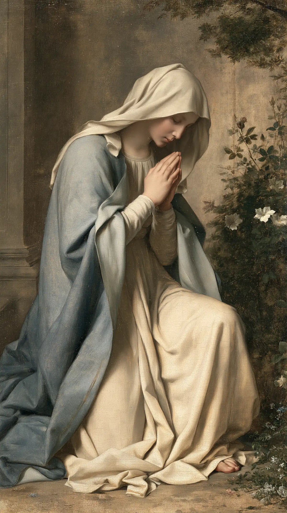 Virgin Mary in Prayer — Barefoot Prayer in the Garden