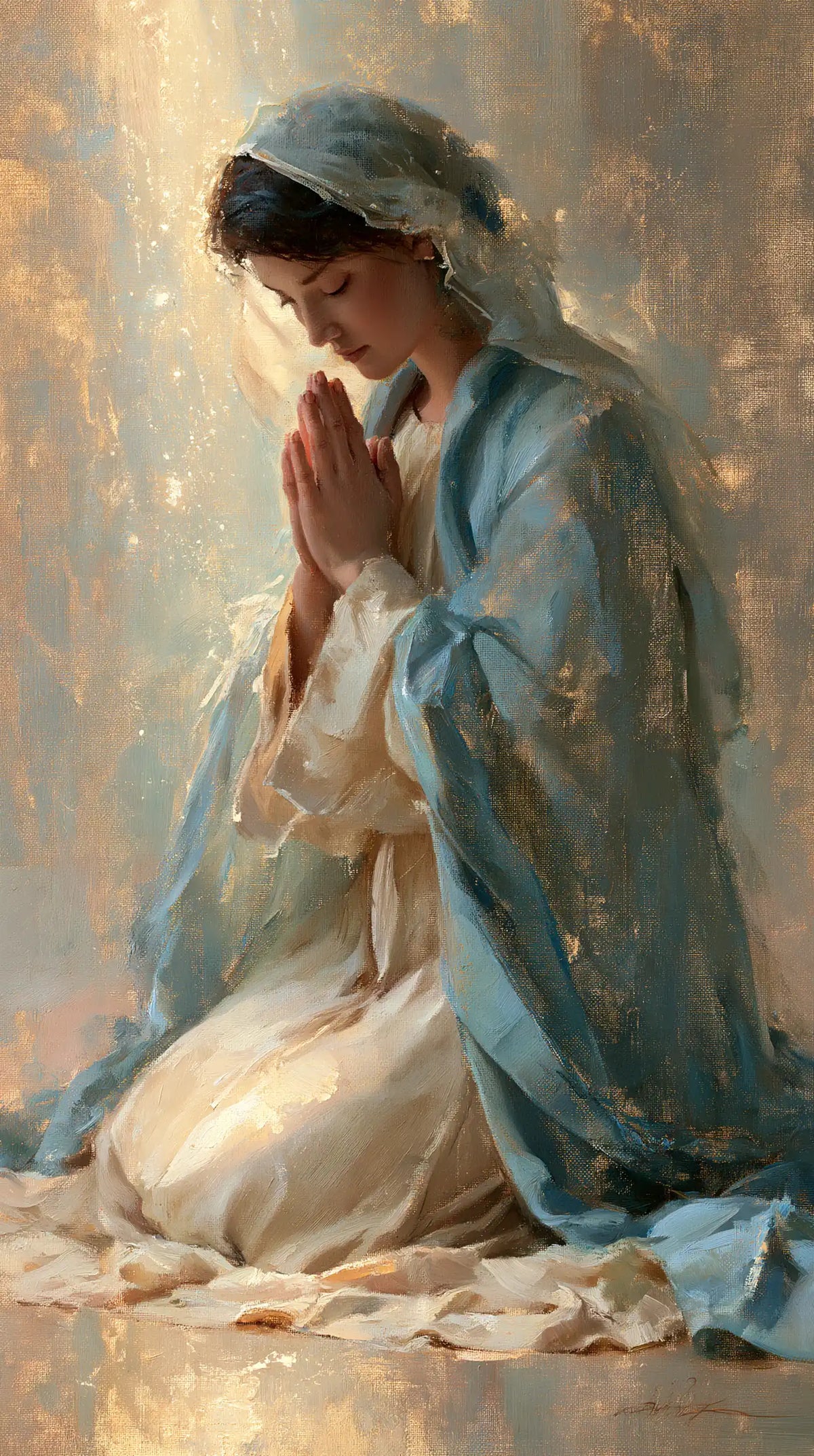 the Virgin Mary in prayer in Impressionist style, portrait Christian artwork no. 15