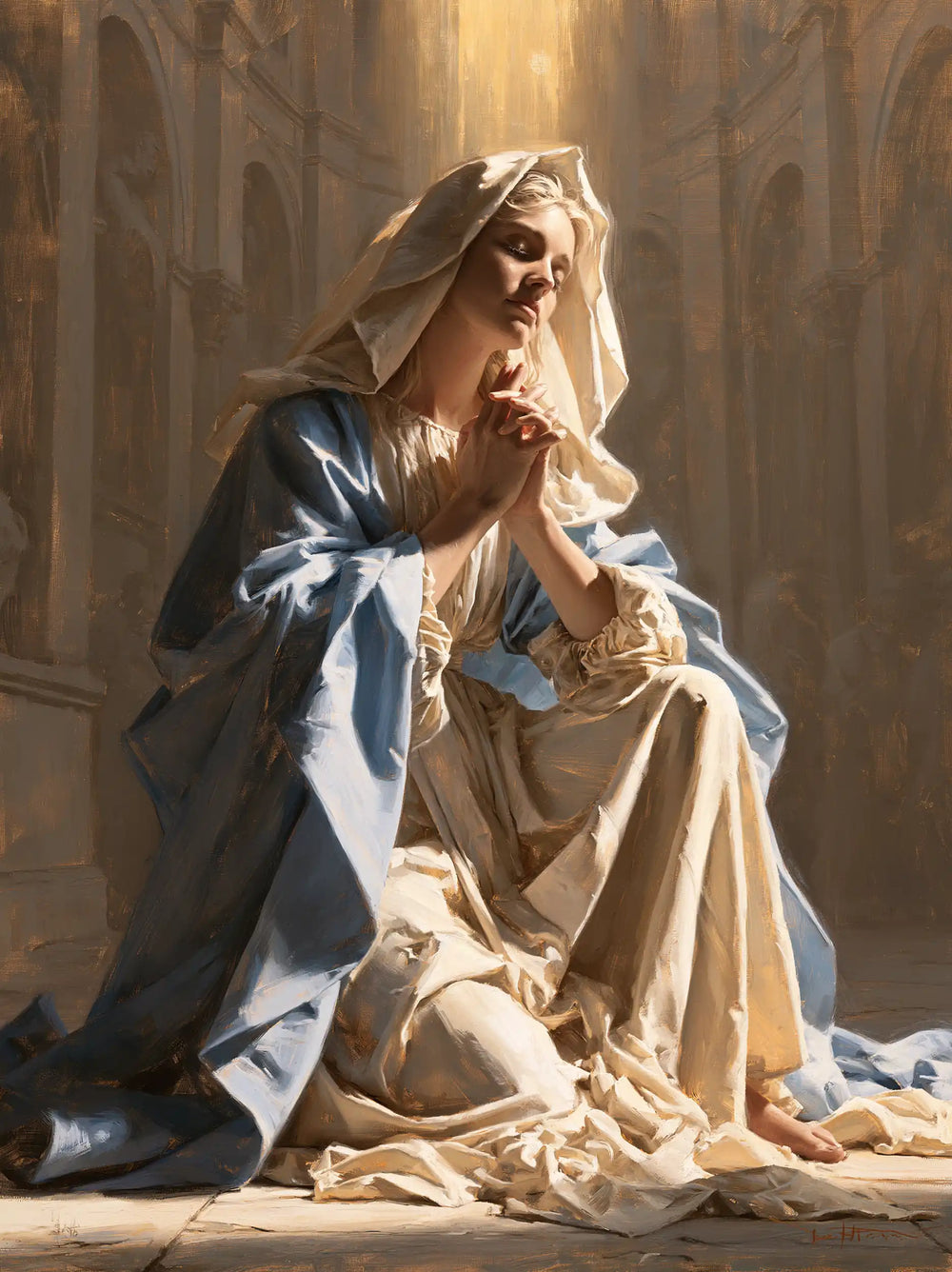 the Virgin Mary praying in a biblical-era interior in Mary in a Biblical Interior style, portrait Christian artwork no. 20