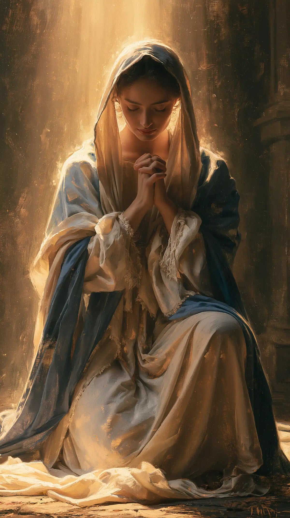 Virgin Mary in Prayer — Gold behind Brown Strands