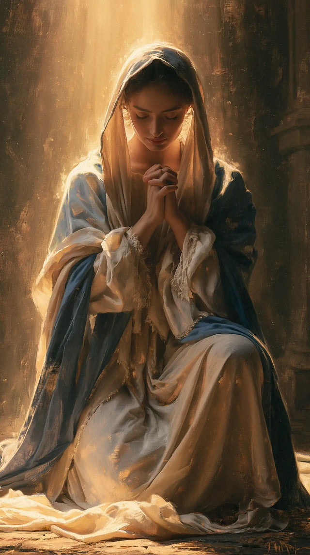 Virgin Mary in Prayer — Gold behind Brown Strands