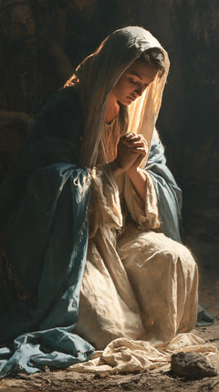 Virgin Mary in Prayer — Blue-Green in the Silence of Stone