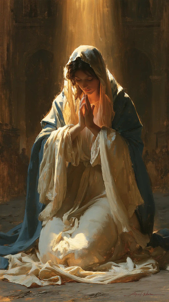 Virgin Mary in Prayer — Palms in the Amber Halo