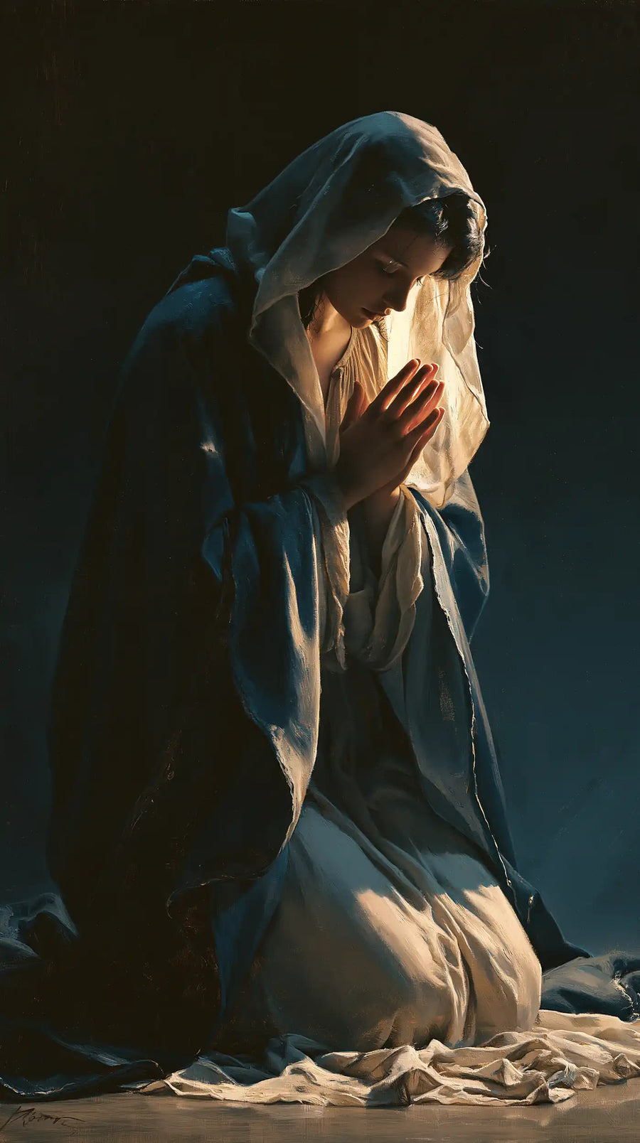 Virgin Mary in Prayer - Midnight Blue Chiaroscuro · Portrait n° 5
