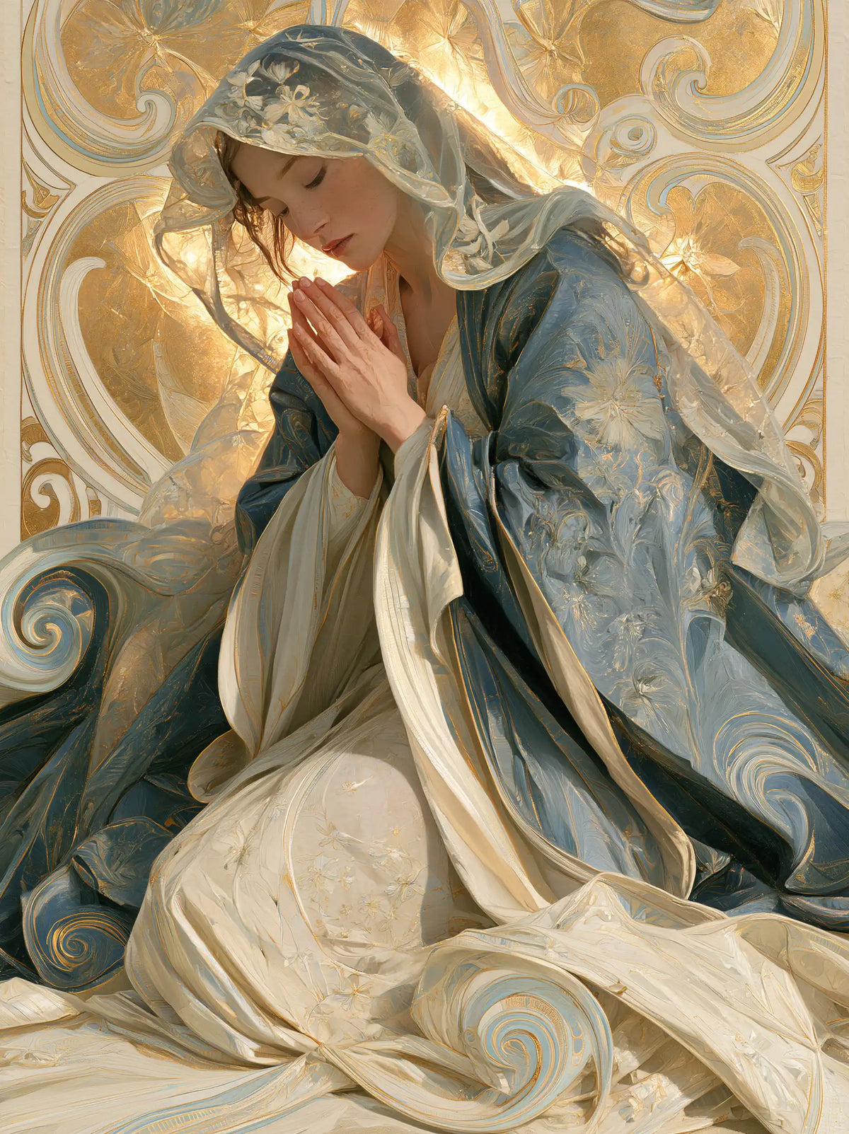 the Virgin Mary in prayer in Sacred Art Nouveau style, portrait Christian artwork no. 36