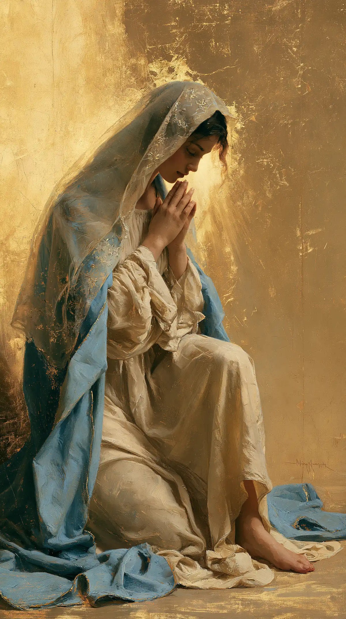 Virgin Mary in Prayer — The Bare Foot before the Luminous Veil