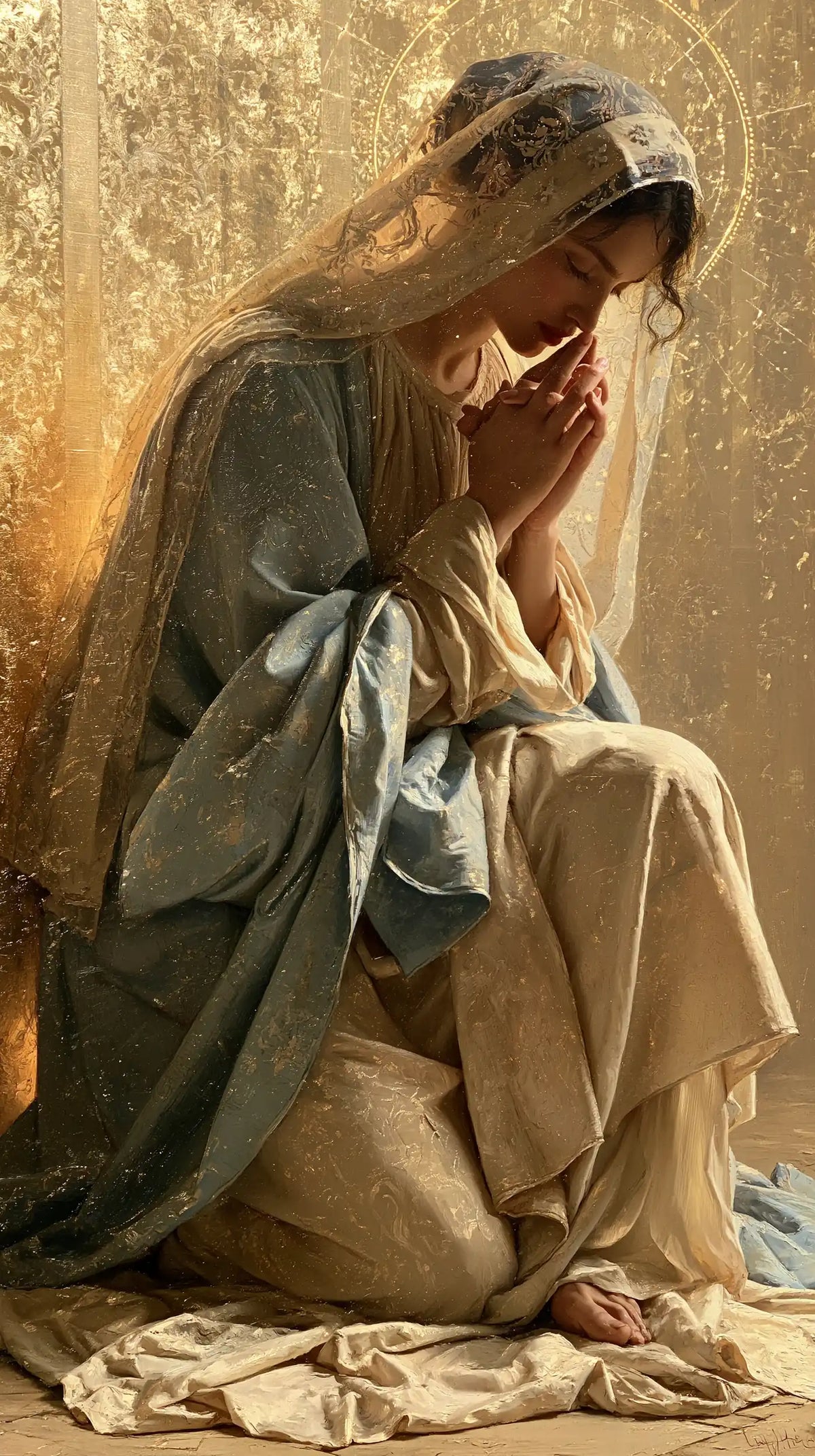 Virgin Mary in Prayer — The Amber Veil above the Pale Knee