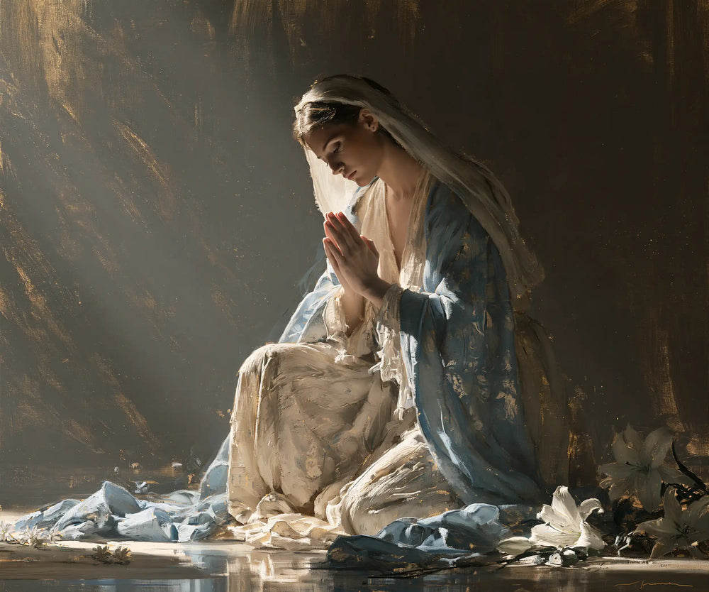the Virgin Mary in prayer in Symbolist style, landscape Christian artwork no. 4