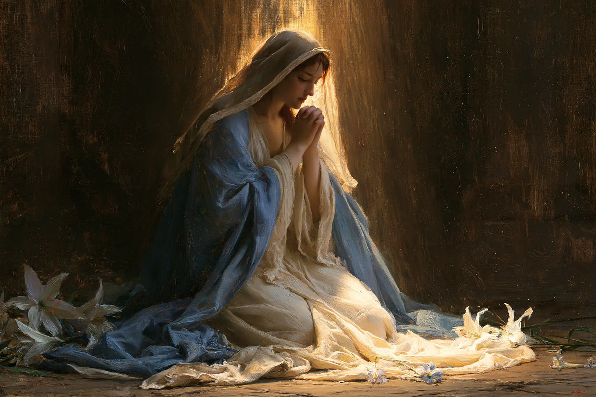 Virgin Mary in Prayer — Linen beneath the Arrow of Light