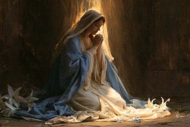 Virgin Mary in Prayer — Linen beneath the Arrow of Light